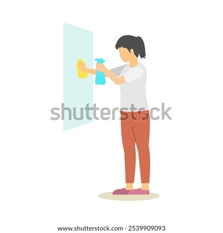 Woman Cleaning a White Surface with a Spray Bottle and Cloth
