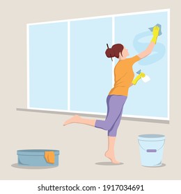 Woman is cleaning the window. Girl washes the window. Concept illustration for homework. Vector illustration in flat style