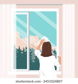 La mujer está limpiando un vidrio de ventana con trapo y limpiador en el hogar. Trabajo doméstico de primavera. Ilustración aislada de Vector