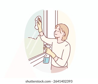 Woman Cleaning Window with Gloves and Detergent. Hand drawn style vector design illustrations.