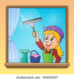 Woman cleaning window image 1 - eps10 vector illustration.