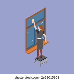 Woman cleaning window on ladder vector set