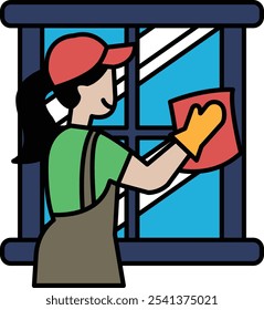 A woman cleaning a window with a red cloth. The woman is wearing a green shirt and a red hat