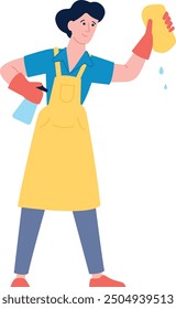 Woman cleaning window with sponge and spray. Professional service