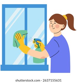 Woman cleaning window with spray and cloth. Smiling woman wearing rubber gloves while cleaning a window using a spray bottle and green cloth, representing household chores.  