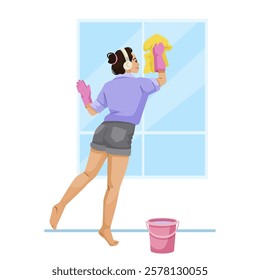 Woman cleaning window wearing headphones, casual attire. Vector illustration