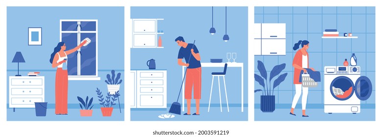 Ventana de limpieza mientras el hombre barre el suelo y otra mujer lava la ropa ilustración vectorial plana