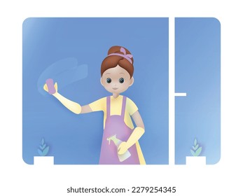 Woman is cleaning windows at home. Happy housewife 3d design. Housework, housewife chores, Housekeeping concept. Cartoon vector Illustration. 