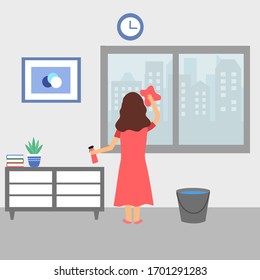 Woman cleaning windows in living room concept vector illustration. Housewife clean house to prevent germs, bacteria and virus. 