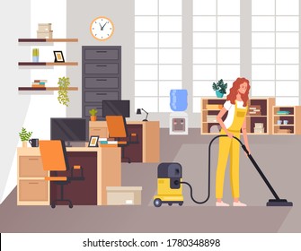 Woman cleaning worker clean vacuuming office. Vector flat graphic design illustration