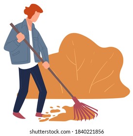 Woman cleaning yard in autumn, yard work raking dry leaves outdoors. Fall season chores, female personage with rake instrument, leafage and maintenance of garden with bush, vector in flat style