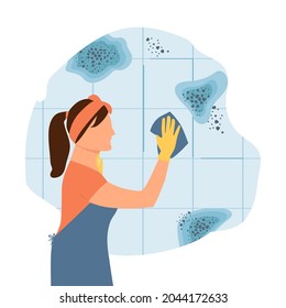 Una mujer limpia la pared sucia en el baño con trapo. Esporas de moho tóxico, peligro para la salud. Humedad en el cuarto de baño. Medios para eliminar hongos y bacterias. Ilustración vectorial plana.