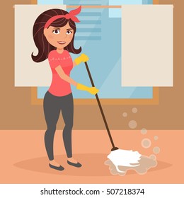 Woman cleans the floor. Vector illustration. Cartoon character. Isolated. Flat. Interior