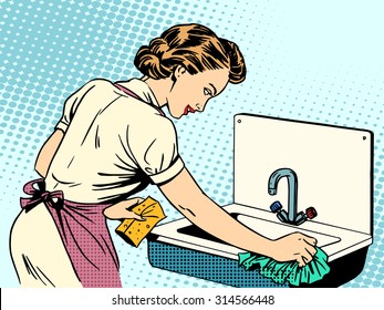 woman cleans kitchen sink cleanliness housewife housework comfort retro style pop art