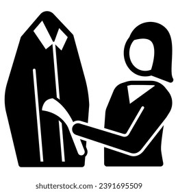 Woman cleans outerwear solid icon, dry cleaning concept, laundry employee clean jacket vector sign on white background, glyph style icon for mobile concept and web design. Vector graphics