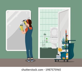 A woman cleans a public toilet, cleaning offices and rooms. Maintenance and professional cleaning services. Vector illustration.