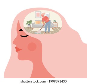 Woman cleanse mind. Mental cleaning in room inside head. Health and wellbeing lifestyle. Self improvement and personal growth vector concept. Illustration woman psychotherapy, human mental intellect