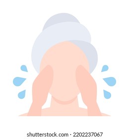 Woman cleansing face flat icon. Takes care of her skin face, applies cleansing foam after shower. For presentation, graphic design, mobile application or UI. Vector Illustration.