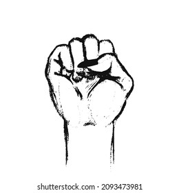 The woman clenches her fist. Vector illustration of a female fist for rights, fight isolated. Hand-drawn black on white hand.