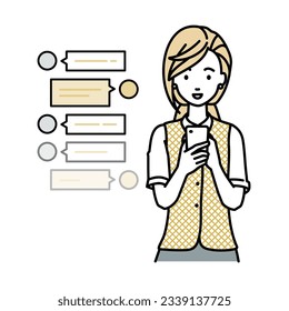 a woman in clerical uniform enjoying chat conversation via social network messenger standing and looking in smart phone in her hands