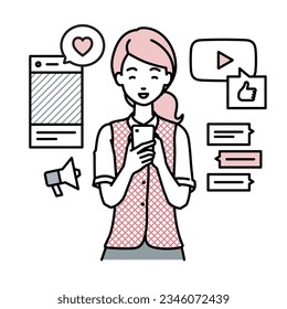 a woman in clerical uniform enjoying communication via various social network and messenger standing and looking in smart phone in her hands