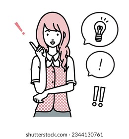 a woman in clerical uniform getting a great idea standing with pointing hand gesture light bulb and exclamation symbol set
