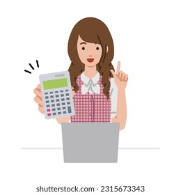 a woman in clerical uniform recommending, proposing, showing estimates and pointing a calculator with a smile in front op laptop pc