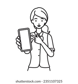 a woman in clerical uniform recommending, proposing, showing and pointing smart phone mock-up screen with a smile