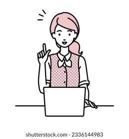 a woman in clerical uniform using laptop computer getting ideas with pointing hand gesture at her desk