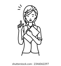 a woman in clerical uniform using laptop computer getting ideas with pointing hand gesture at her desk