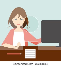 Woman clerk in a bank office. Flat vector. 