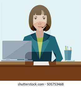 Woman clerk in a bank office. Flat vector