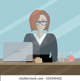 Woman clerk in a bank office. Flat vector