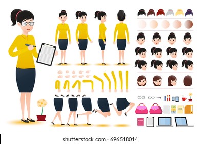Woman Clerk Wearing Skirt Character Creation Kit Template with Different Facial Expressions, Hair Colors, Body Parts and Accessories. Vector Illustration.
