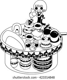 The woman clerk who displays pancakes in the kitchen of the cafe