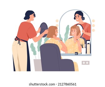 Woman client with bob haircut looking in mirror in salon. Happy satisfied customer in chair and hairdresser after hair cutting. Makeover concept. Flat vector illustration isolated on white background