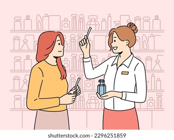 Woman client buying perfume in beauty shop. Consultant help girl customer with cosmetics purchase in store or boutique. Vector illustration. 