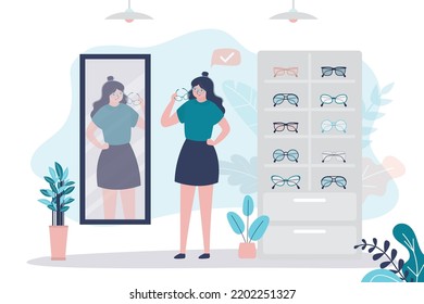 Woman client chooses sunglasses. Female consumer stands at mirror and fitting new eyeglass for purchase. Fashion optics store. Shopping and consumption concept. Flat vector illustration