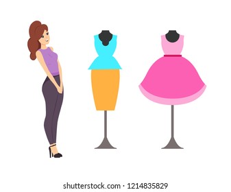 Woman client, customer shopping looking at mannequins store vector. Showcase with clothes suit made up of skirt and blouse. Dress robe casual clothing