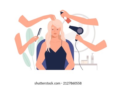 Woman client in hair salon during makeover. Hairdressers hands caring and doing hairstyle for female customer in chair, combing and drying. Flat vector illustration isolated on white background