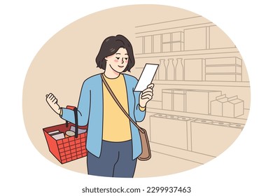 Woman client with shopping list hold basket buy products in supermarket. Smiling female customer purchase groceries in store according to planned listing. Retail and commerce. Vector illustration.