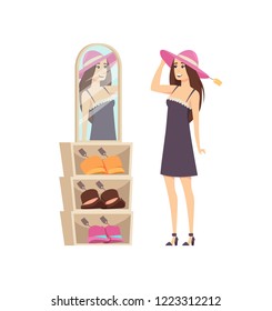 Woman client shopping, trying headwear on head vector. Customer lady wearing hat and looking in mirror to see if it suits. Price tags on caps for women