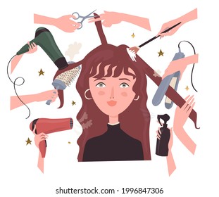 A Woman Client Sits In A Hairdresser And Does Procedures, Haircut, Hair Dyeing, Straightening And Drying.
Female Hands Hold Hairdressing Tools. Banner, Poster. Vector Illustration.