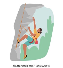 Woman Climb Up The Mountain. Female Character Rock Climber Climbing Rock With Ropes, Sportive Girl In Harness Healthy Life And Extreme Sports Activity, Training. Cartoon People Vector Illustration