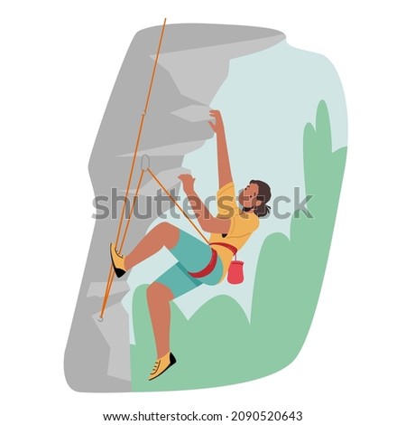 Woman Climb Up the Mountain. Female Character Rock Climber Climbing Rock with Ropes, Sportive Girl in Harness Healthy Life and Extreme Sports Activity, Training. Cartoon People Vector Illustration