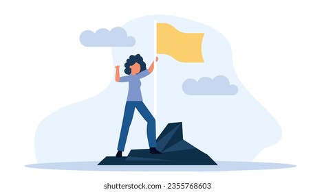 Woman climbed to the top mountain with flag flat illustration achievement concept. Business goal leadership career winner. Climb growth employee motivation vision. Up hill direction challenge peak