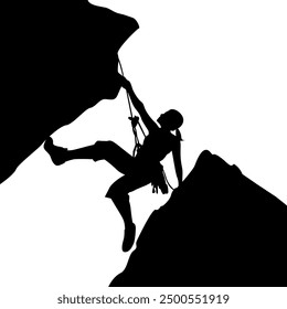 Mujer escaladora silueta negra, escalada de plomo o montañismo, Vector de mujer en el deporte, escalada de aventura, personas y montaña, persona viaje al aire libre, ilustración extrema activa