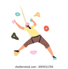 Woman climber climbing wall with grips. Female athlete rock climbing on rope. Extreme sport and outdoor activity concept. Cartoon flat vector illustration