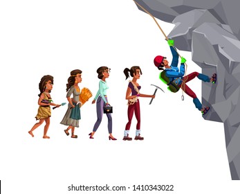 Woman climber evolution time line vector cartoon illustration concept Female development process from Stone Age human, farmer to modern fashion woman and girl with rope and pick climbing mountain