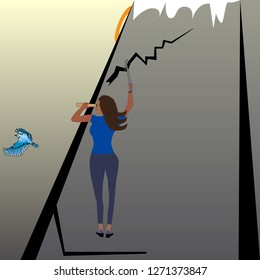 woman climber, explorer and flying bird. Flat illustration.